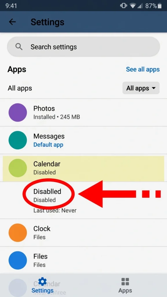 Android Settings Apps screen showing a disabled app with the Disabled status label highlighted, showing how to find hidden apps on Android