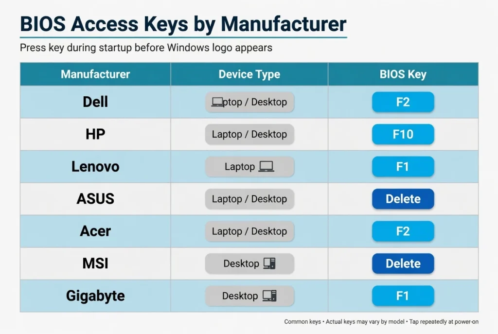 BIOS key reference chart showing startup keys by manufacturer including F2 for Dell and ASUS laptops, F10 for HP, Delete for MSI and Gigabyte, and F1 for Lenovo ThinkPad
