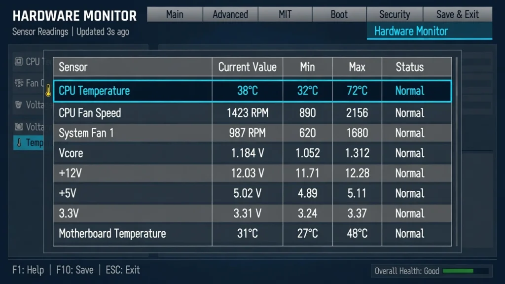 UEFI BIOS Hardware Monitor section showing CPU
temperature reading of 38°C in the PC health status
sensor list