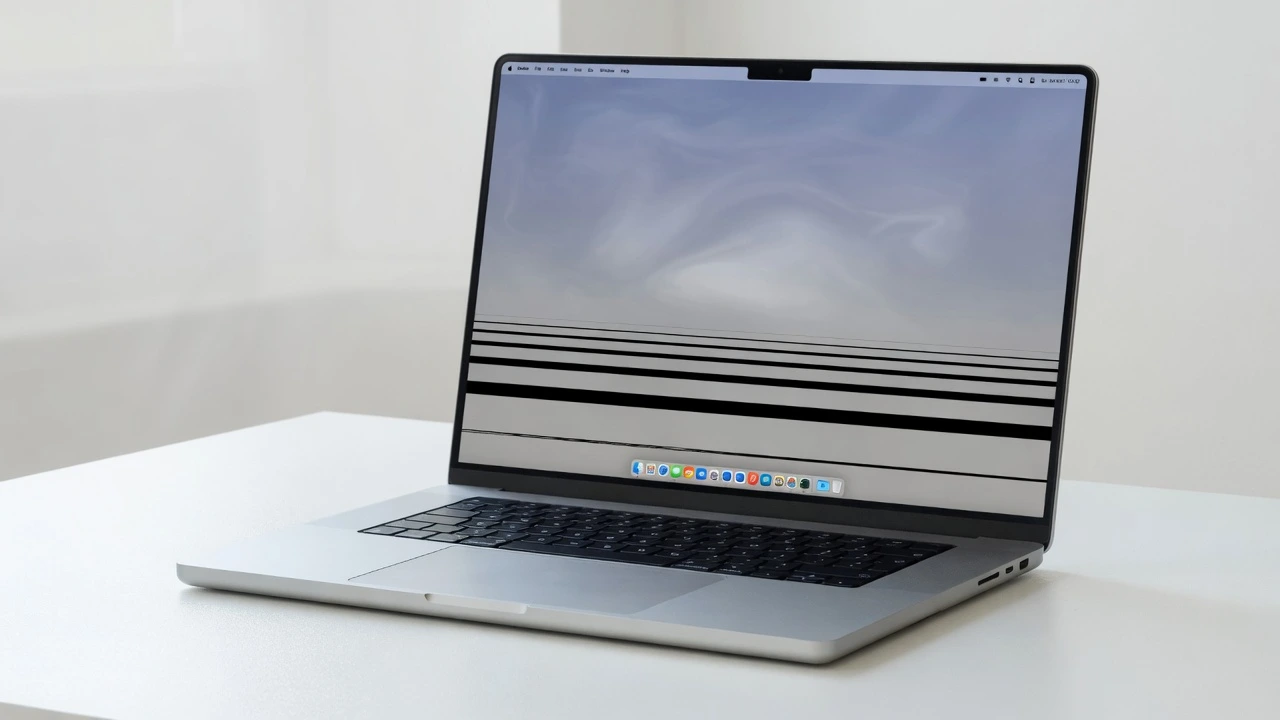 MacBook Pro laptop displaying black horizontal lines at the bottom of the screen on a clean desk