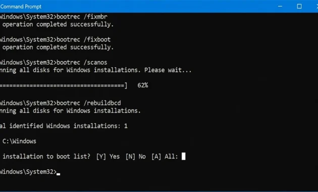 Command Prompt window showing bootrec fixmbr fixboot scanos and
rebuildbcd commands with successful operation messages