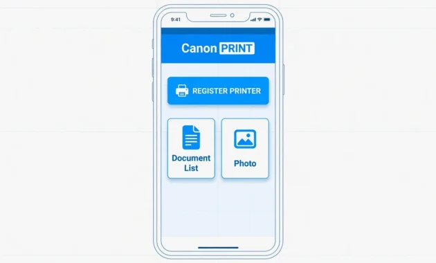Illustration of Canon PRINT app mobile interface showing Register Printer option for wireless printer setup on smartphone