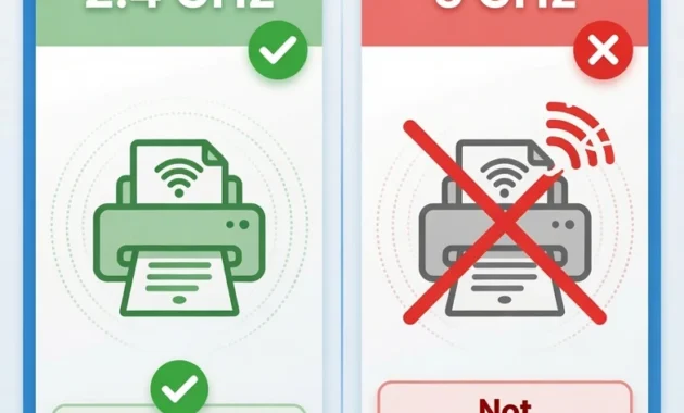 Diagram showing Canon printer is compatible with 2.4GHz WiFi band but cannot connect to 5GHz network