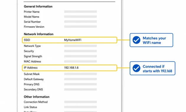  Illustration of Canon printer network configuration page showing where to find SSID network name and IP address to verify WiFi connection
