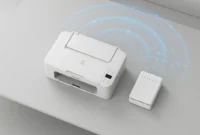 canon-printer-wifi-connection-setup Canon PIXMA printer next to WiFi router showing wireless connection setup for home network