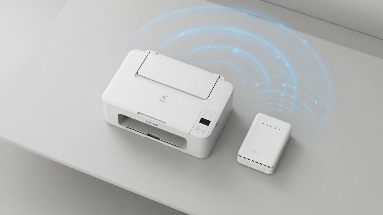 Canon PIXMA printer next to WiFi router showing wireless connection setup for home network