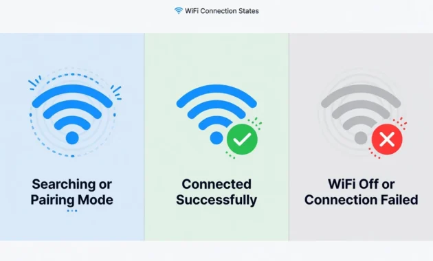 Diagram showing three Canon printer WiFi light states: blinking blue means searching, solid blue means connected, no light means failed