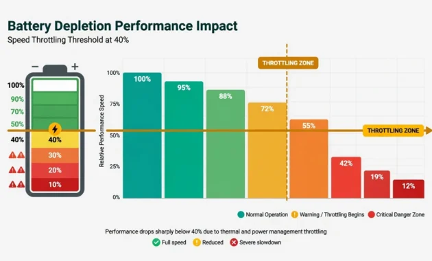 Infographic showing Chromebook CPU performance drops
when battery level falls below 40 percent due to
automatic throttling