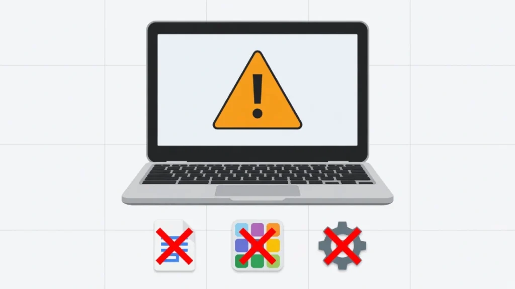 Warning illustration showing that enabling developer mode on a
Chromebook deletes all local files, apps, and settings through
a complete powerwash