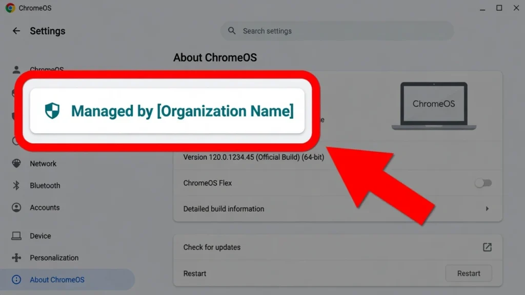 Illustration of Chrome OS About ChromeOS settings screen showing
the "Managed by organization" indicator that means developer mode
is disabled by administrator policy