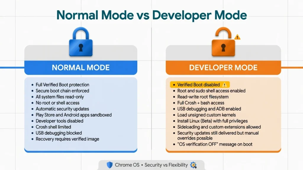 Comparison infographic showing differences between Chromebook
normal mode with verified boot enabled and developer mode with
root access and open app sources