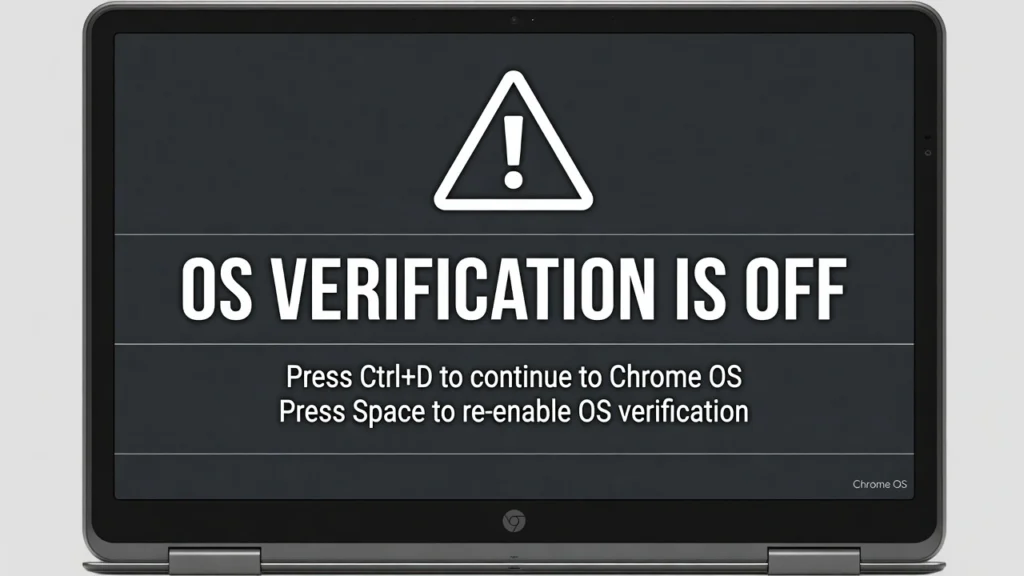 Illustration of the Chrome OS developer mode warning boot screen
displaying "OS verification is OFF" message with Ctrl+D prompt
to continue booting into Chrome OS
