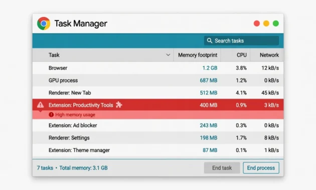Chromebook Task Manager window showing Memory Footprint
column sorted to reveal a browser extension consuming
400MB of RAM