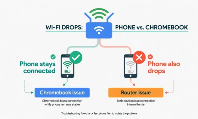 Diagram showing how to test whether a Chromebook or router is causing WiFi disconnections using a second device