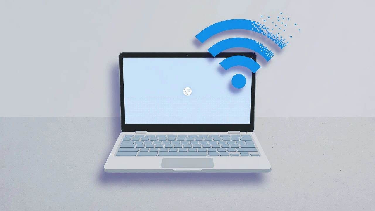 Chromebook laptop with a broken WiFi signal icon illustrating a disconnection problem