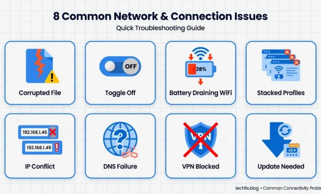 Infographic showing eight causes of Chromebook WiFi disconnection including power management, DNS issues, and corrupted network profiles