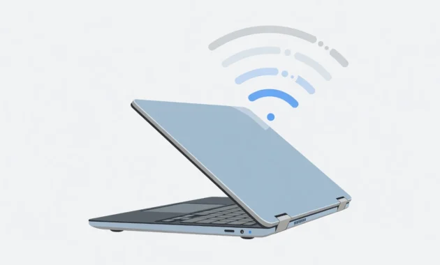 Illustration of a Chromebook being closed with a fading WiFi signal representing disconnection during sleep mode