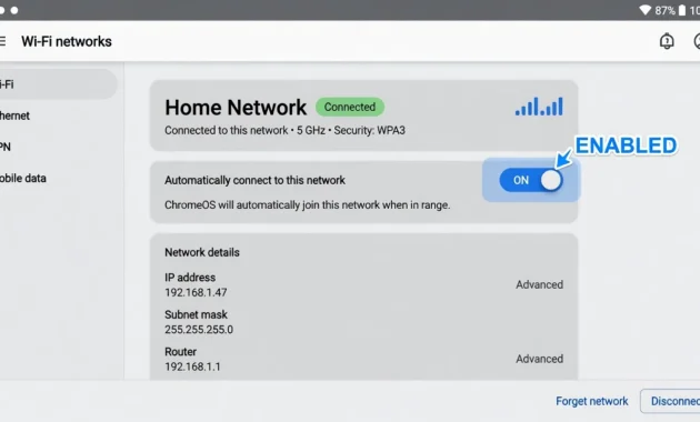 ChromeOS WiFi settings panel showing the Automatically connect to this network toggle switched on