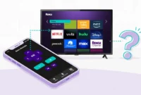 Illustration showing Roku TV home screen and smartphone Roku app with physical remote missing, showing WiFi connection methods