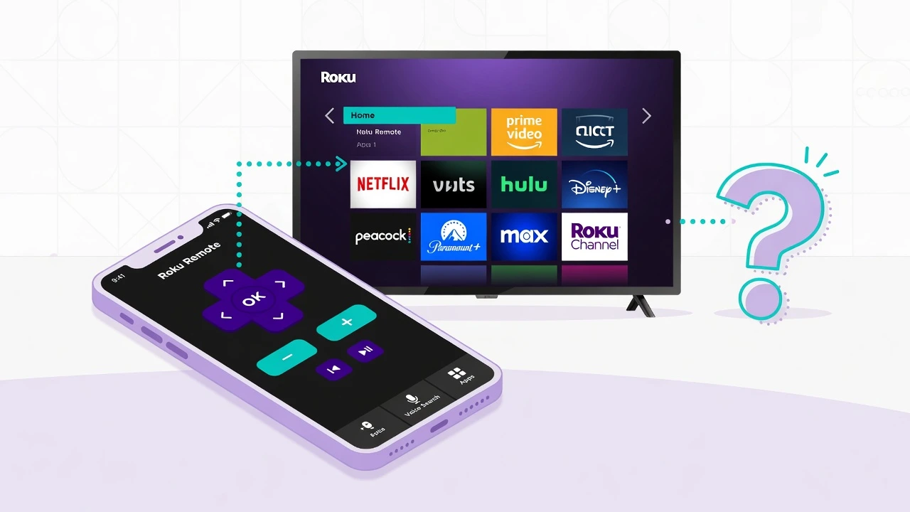 Illustration showing Roku TV home screen and smartphone Roku app with physical remote missing, showing WiFi connection methods