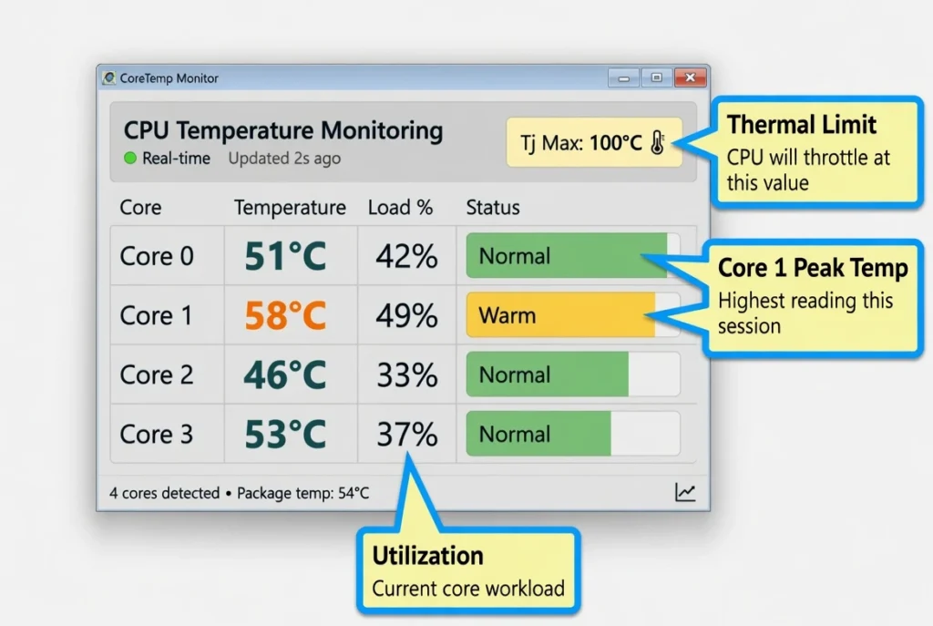 Core Temp application window showing individual CPU core
temperatures, Tj Max safe limit value, and load
percentage readings for each processor core