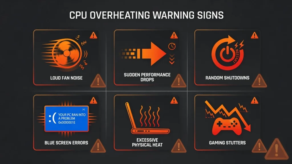 Infographic showing six CPU overheating warning signs
including loud fan noise, sudden slowdowns, random
restarts, blue screen errors, physical heat, and gaming
stutters