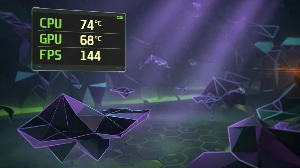 Gaming screen showing MSI Afterburner style on-screen
overlay displaying CPU temperature 74°C GPU temperature
68°C and frame rate in top-left corner during gameplay