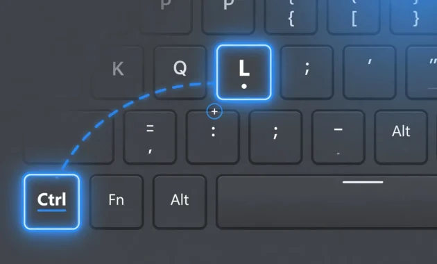Keyboard illustration showing Ctrl and L keys highlighted with
blue glow representing the Windows login screen refresh shortcut