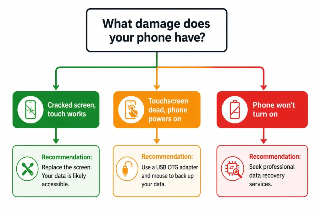 Flowchart showing three damaged Android phone scenarios — cracked screen, broken touchscreen, and dead phone — with recovery method recommendations for each
