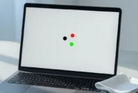 Close up of a laptop screen showing a black dead pixel dot and colored stuck pixels on a white background representing dead pixel vs stuck pixel comparison