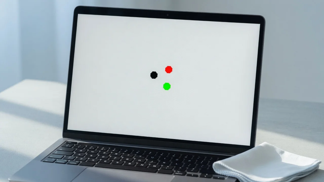Close up of a laptop screen showing a black dead pixel dot and colored stuck pixels on a white background representing dead pixel vs stuck pixel comparison