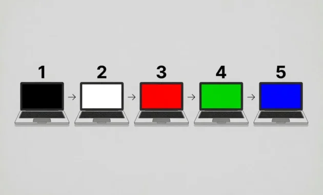Five laptop screens showing dead pixel color test sequence with black, white, red, green, and blue solid backgrounds to identify pixel defects
