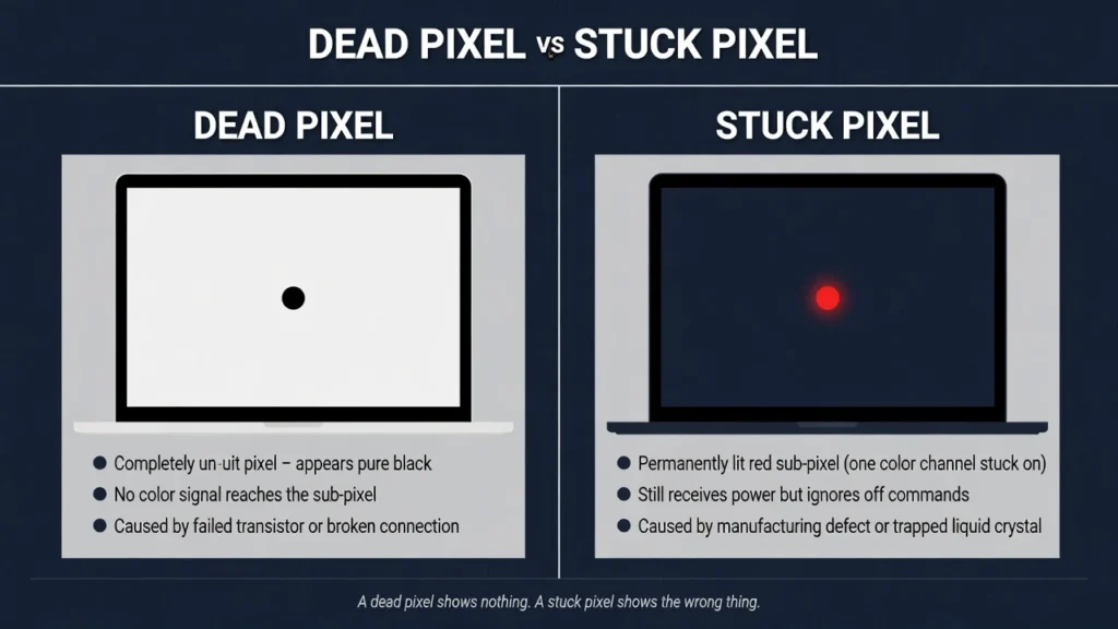 Infographic comparing dead pixel showing permanent black dot
versus stuck pixel showing colored bright dot on laptop screen