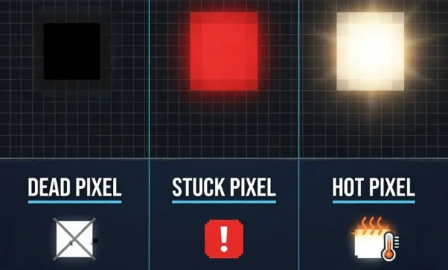 Infographic comparing dead pixel black dot, stuck pixel colored dot, and hot pixel white dot with causes and fix rates for laptop screens