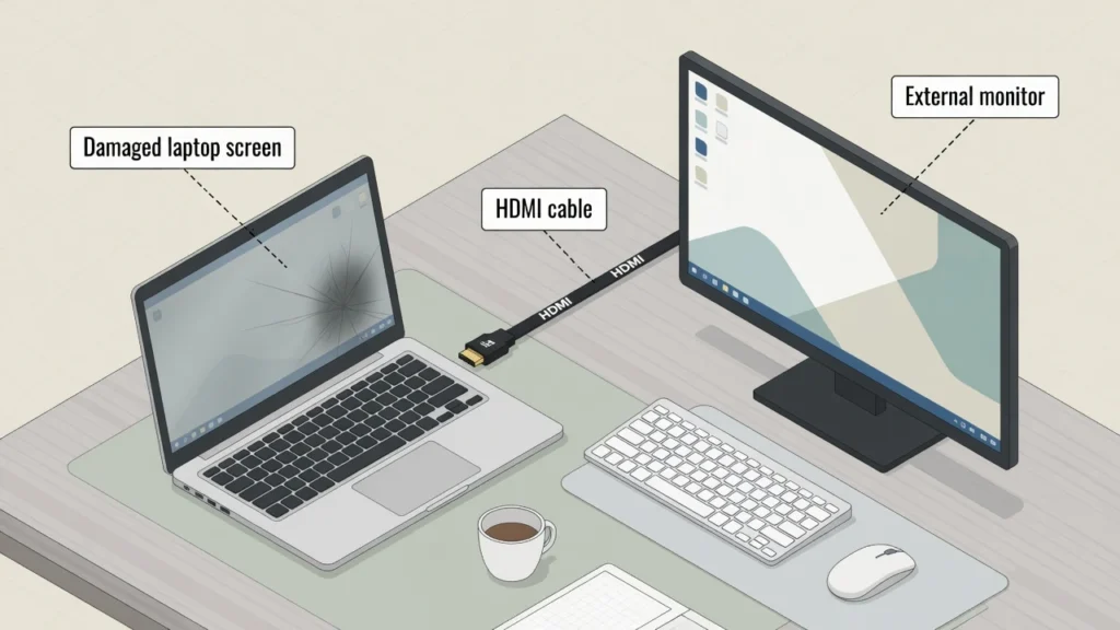 Diagram showing a Dell laptop with screen damage connected
via HDMI cable to an external monitor as an alternative
display solution