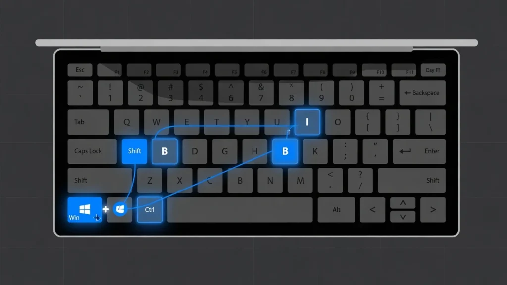 Laptop keyboard diagram highlighting Windows, Ctrl, Shift
and B keys for Dell graphics driver reset shortcut