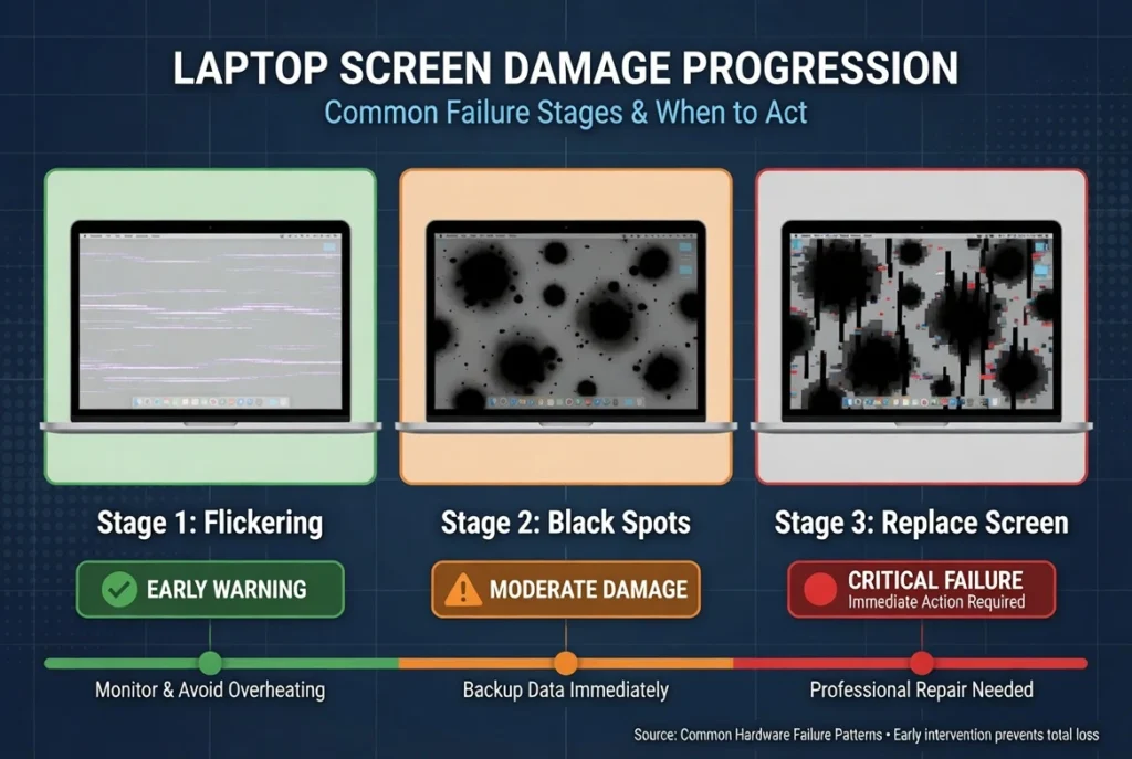 Three-stage diagram showing Dell laptop screen damage
progression from flickering to black spots to vertical
lines requiring replacement