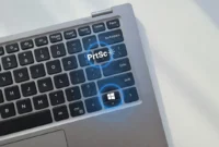 Dell laptop keyboard with Print Screen key and Windows key highlighted for taking screenshots