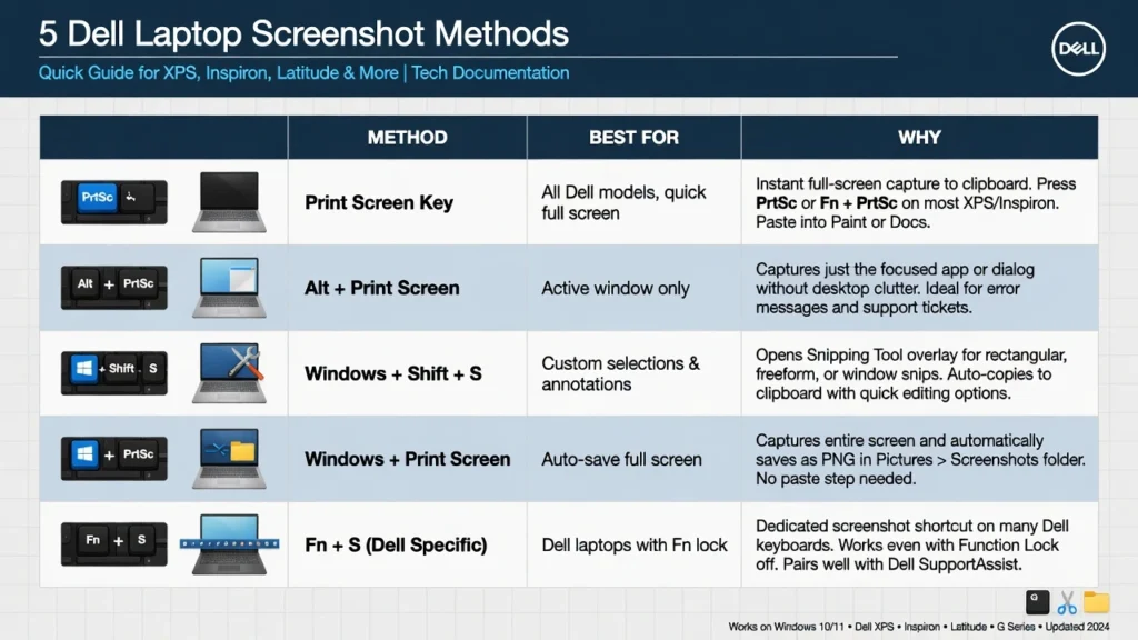  Comparison table of five Dell laptop screenshot methods showing best use cases for Windows PrtSc, Snipping Tool, Alt PrtSc and more