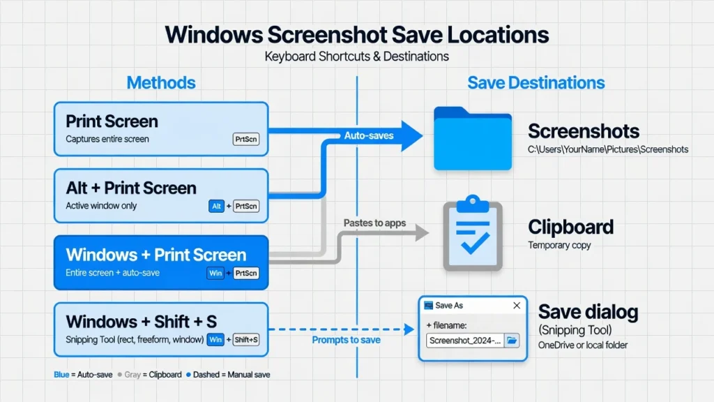Infographic showing where screenshots are saved on Dell laptop for each method including Windows PrtSc folder and clipboard locations