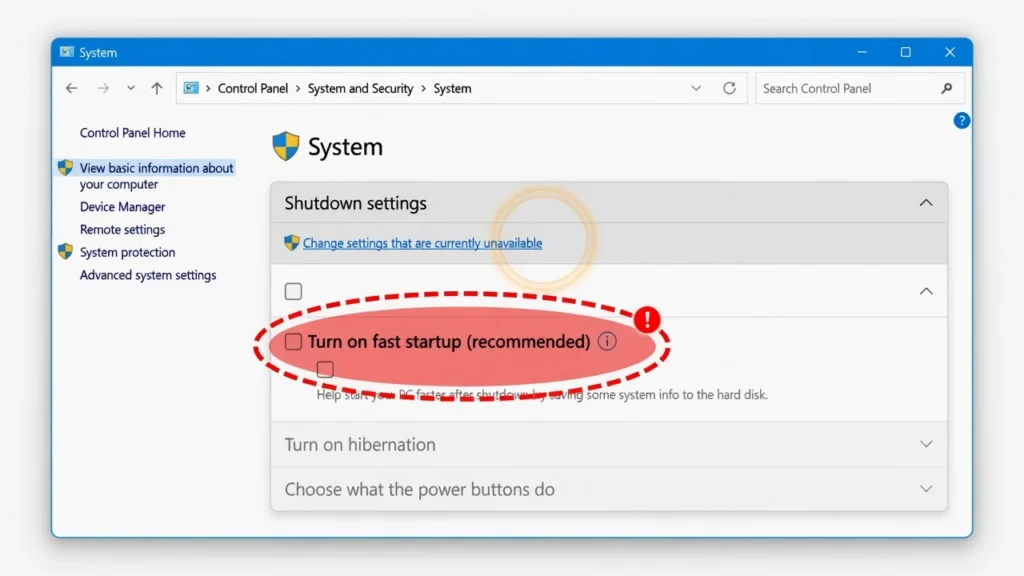  Windows 11 Power Options System Settings panel showing Turn on fast startup checkbox unchecked to restore traditional BIOS key access
