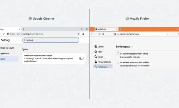 Comparison of Chrome and Firefox settings showing hardware
acceleration toggles turned off to prevent browser-triggered BSOD