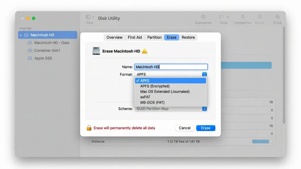 macOS Disk Utility showing the Erase dialog with Macintosh HD selected and APFS format chosen before factory reset