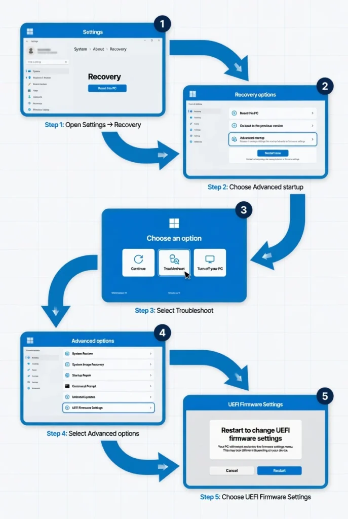 Step-by-step diagram showing Windows 11 Settings path to access UEFI Firmware Settings through Advanced Startup and Troubleshoot menus