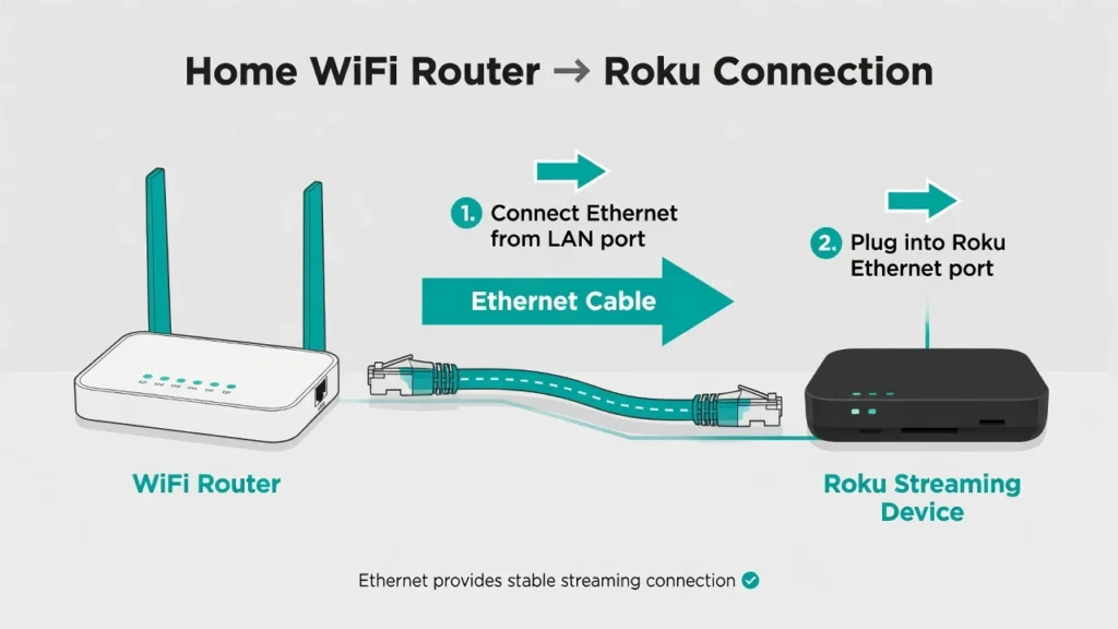Diagram showing how to connect ethernet cable from home
WiFi router to Roku streaming device for internet access
without remote