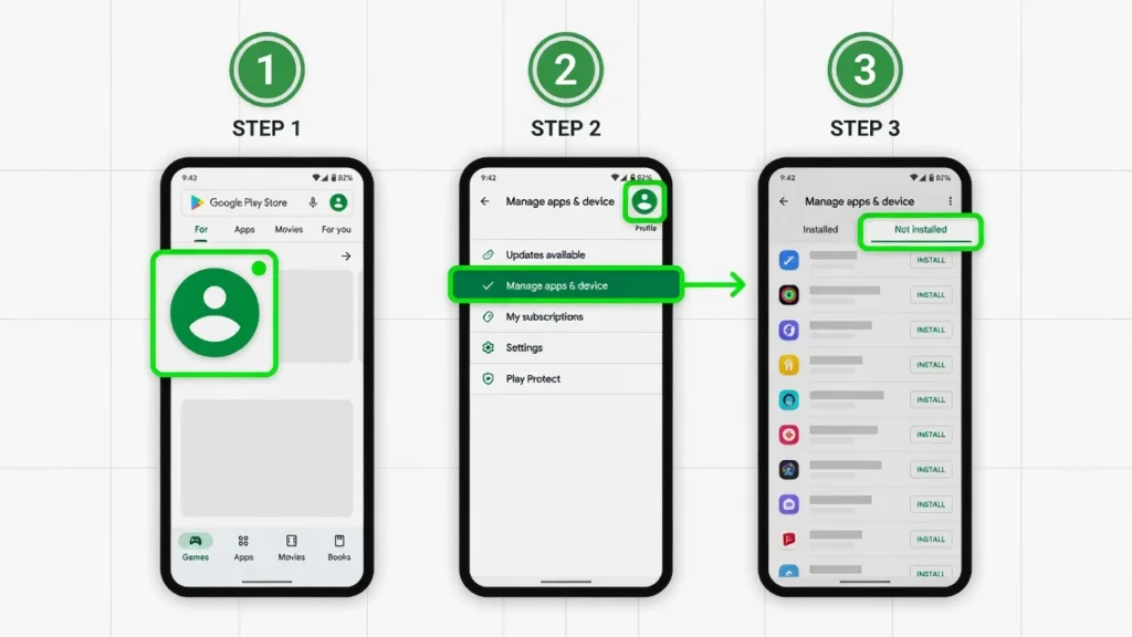 Three-step illustration showing how to access the Not Installed app list in Google Play Store to find deleted apps on Android