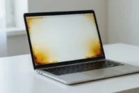 heat-damage-macbook-pro-screen-discoloration MacBook Pro laptop showing yellowish-brown heat damage discoloration in the bottom corners of the display screen