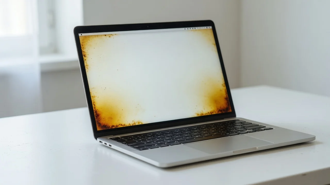MacBook Pro laptop showing yellowish-brown heat damage discoloration in the bottom corners of the display screen