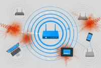 how-to-change-wifi-channel-router-interference Illustration showing home WiFi router signal waves overlapping with neighboring router signals causing channel interference and congestion