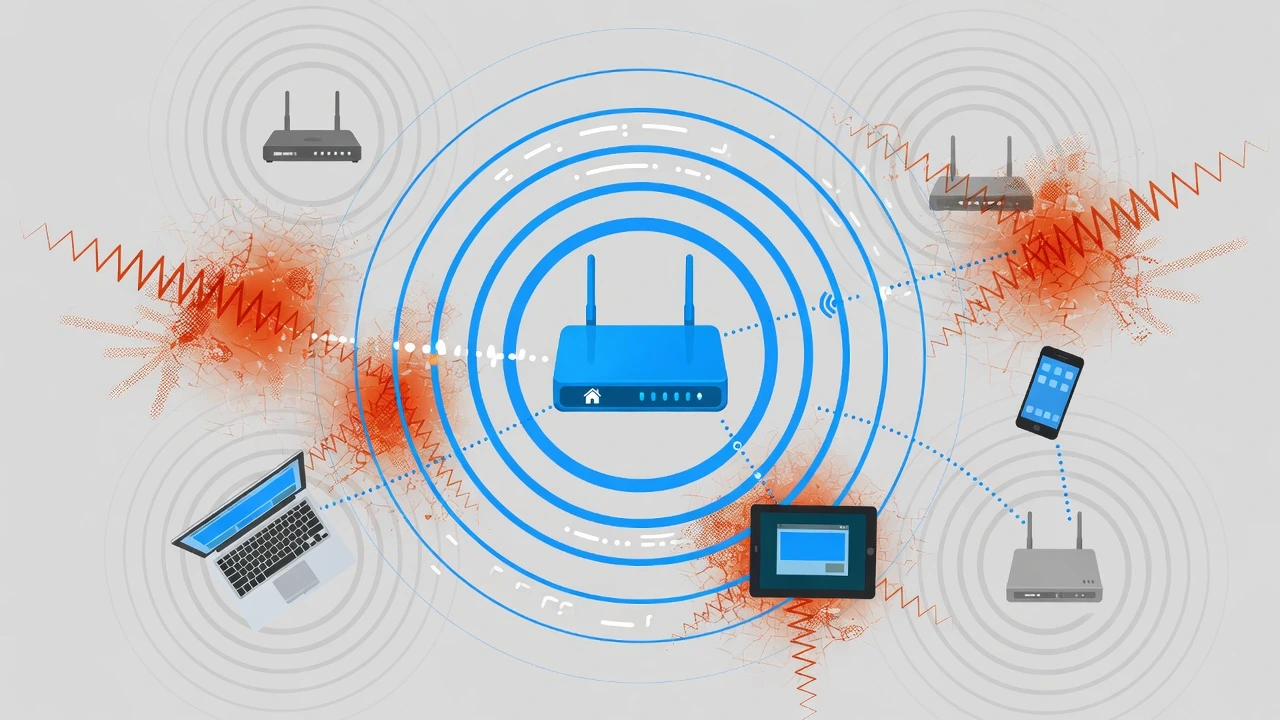 Illustration showing home WiFi router signal waves overlapping with neighboring router signals causing channel interference and congestion